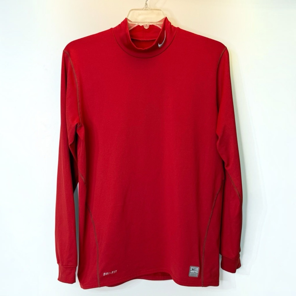 Nike Pro Mens XL Red Dri-Fit Fleece Lined Fitted Mock Neck Long Sleeve Shirt